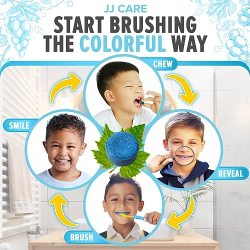 JJ Care Disclosing Tablets for Teeth- 102 Count, Individually Wrapped Plaque Disclosing Tablets for Kids Brushing Teeth, Grape Flavored Plaque Remover, Dental Care for Brushing