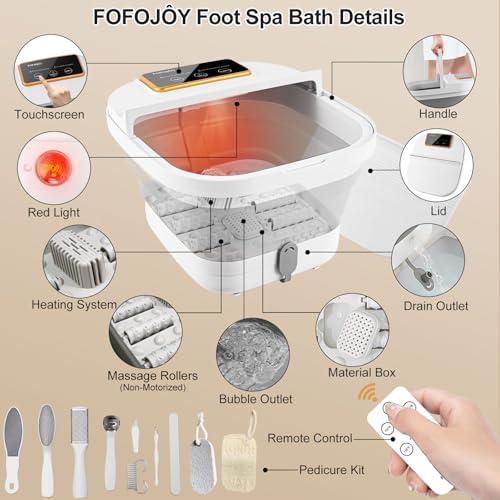 Collapsible Foot Spa with Heat and Remote Control, Massage Rollers, Bubble, Foot Pedicure Kit, Temperature Control, Red Light, Foot Bath and Pumice Stone Pedicure Foot Spa