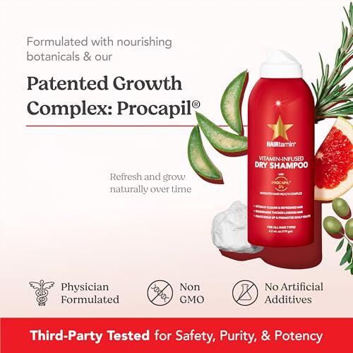 HAIRtamin Vitamin Infused Dry Shampoo for Women | Hair Texture Spray that Cleanses & Refreshes | Hair Complex for Healthy Thicker-Looking Hair | Procapil 3% & Vitamins for Scalp Health | Talc Free
