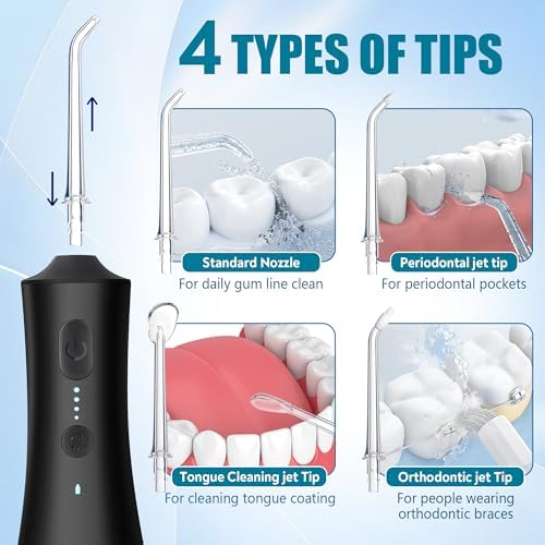 Cordless Water Dental Flosser for Teeth, 300ml Rechargeable Oral Irrigator Cleaning, 4 Modes & 6 Jet Tips, IPX7 Waterproof, Portable Dental Flosser for Braces & Travel, Black