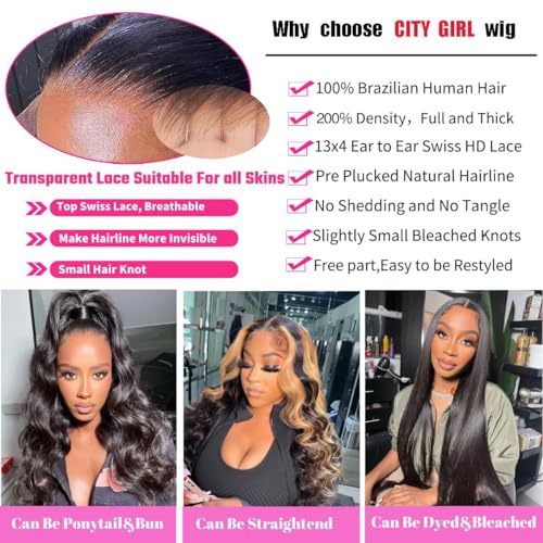 CITY GIRL Body Wave Lace Front Wigs Human Hair Pre Plucked 26 Inch 13x4 hd Transparent Lace Frontal Body Wave Human Hair Wig for Women 200 Density Natural Black