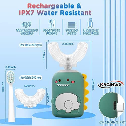 Kids U Shaped Electric Toothbrush for Age 2-12, Rechargeable Toddler Toothbrush with Smart Timer & 3 Clean Modes, Dinosaur Design, IPX7 Waterproof, 3 Brush Heads & 360°Cleaning