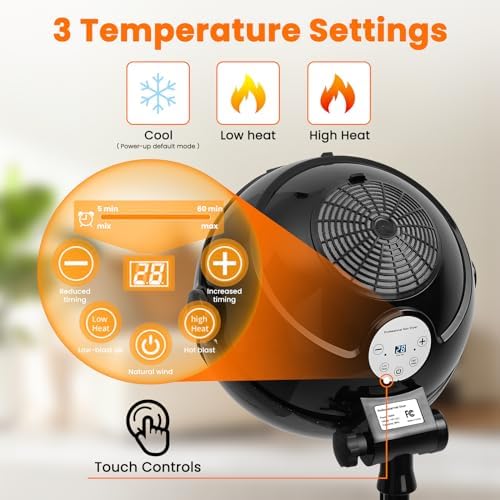 Hooded Hair Dryer, Stand Hair Dryer, Professional Hooded Dryer on Wheels with Digital Display, Touch Controls and 3 Temperature Settings for Salon and Home Use - Black