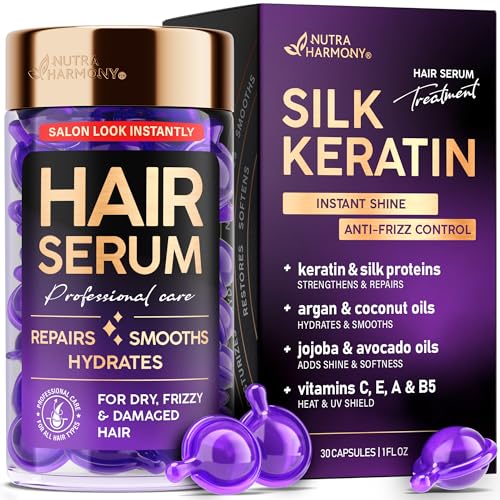 Hair Serum Capsules – Keratin & Silk Protein Hair Treatment with Argan, Coconut, Jojoba & Avocado Oils – Leave‑In Anti‑Frizz Hair Oil w/ Vitamins A, E & B5 for Dry, Damaged Hair – No Rinse, 30 ct