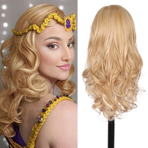 Kalyss Blonde Wig With Bangs Long Blonde Curly Wigs for Women Heat Resistant Synthetic Hair Wavy Blonde Highlights Wigs for Women 22 Inches