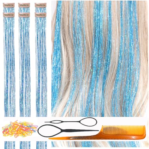 Clip In Hair Tinsel Sky Blue Shiny Sparkle Fairy Hair 80 Strands/Pc Very Cute for Girls Christmas New Year Halloween Party Smurfs Event