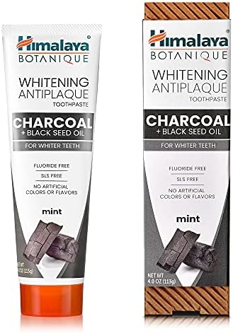 Himalaya Botanique Whitening Antiplaque Toothpaste with Charcoal + Black Seed Oil, Fluoride Free, for Whiter Teeth, 4 oz, 2 Pack…