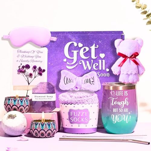 Lavender Get Well Soon Gift Baskets for Women 13pcs Self Care Package for Sick Friend Mom Sister, Get Well Gifts for Women after Surgery Speedy Recovery Feel Better Thinking of You Gift w/Dried flower