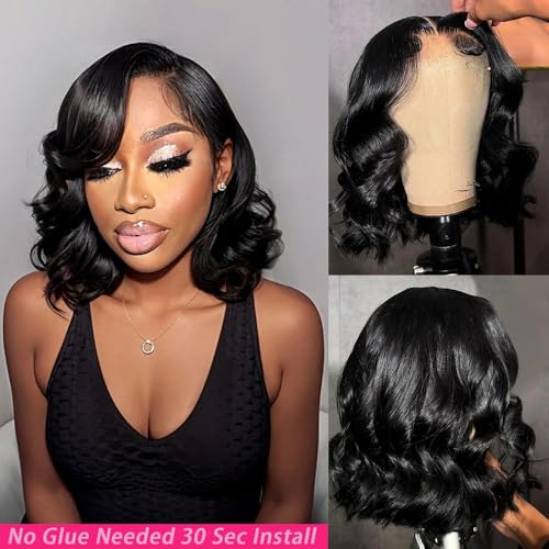 Caijuxing Wear and Go Bob Wig Human Hair 200% Density Short Bob Glueless Wig Human Hair Pre Plucked Pre Cut 4x4 HD Lace Front Wigs for Black Women Natural Color (10 Inch)