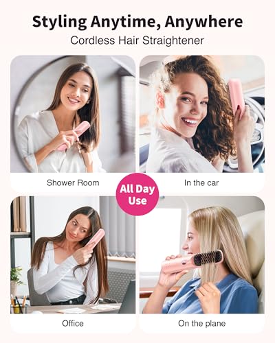 Cordless Hair Straightener Brush - Portable Hair Brush for Travel - 30s Fast Heating - 300 Million Negative Ions for Frizz-Free Shine, Touch Up On-The-Go, Gift for Women,10,000mAh