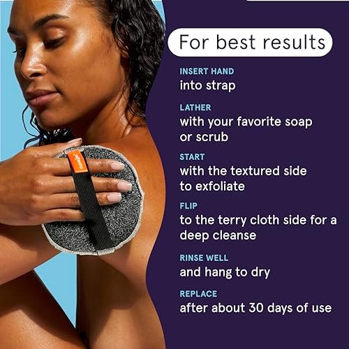 Cleanlogic Detoxify Purifying Charcoal Infused Exfoliating Body Scrubber, Dual-Texture Round Exfoliator Tool for Smooth, Clean Skin, Daily Skincare Routine, 3 Count Value Pack