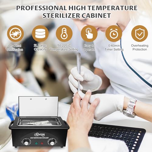 High Temperature Metal Tool Cleaning Box, 2L Dry Heat Cabinet Beauty Hair Nail Metal Tool Cleaning for Manicure Pedicure Barber, with 0-60 Min Timer & 50-220℃ Temp Settings, Plastic Sterilization Tray