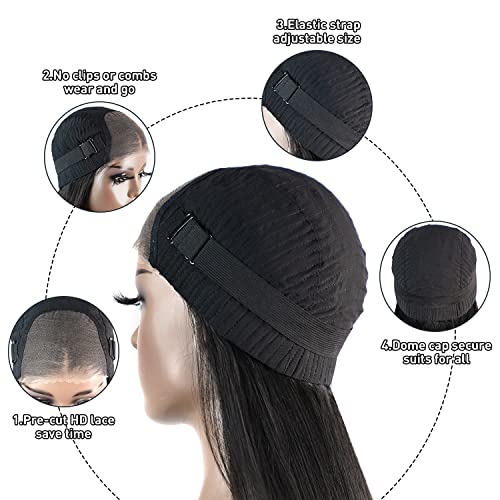 6x4 HD Lace Wear and Go Glueless Wig Human Hair Pre-Plucked, Pre-Cut Lace Glueless Wigs, No Glue Lace Front Closure Wig Straight, 200% Density, 24 inch