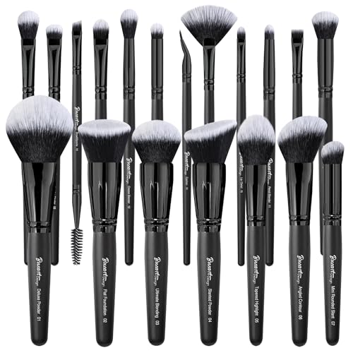 Bueart Design 19Pcs ULTRA SOFT Black labeled DENSE HAIR Makeup Brushes set Contains large powder Flat Foundation Ultimate Blending Make up Brush set Blush Face Brush Concealers contour Eyeshadow