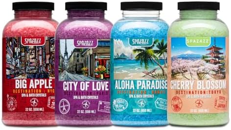 Hot Tub & Spa Aromatherapy Bath Salt Crystal Scents Spazazz Destinations Collection Bundle Aloha Paradise, Big Apple, City of Love, Cherry Blossom - Skin Moisturizer - Will Not Damage Spas & Hot Tubs