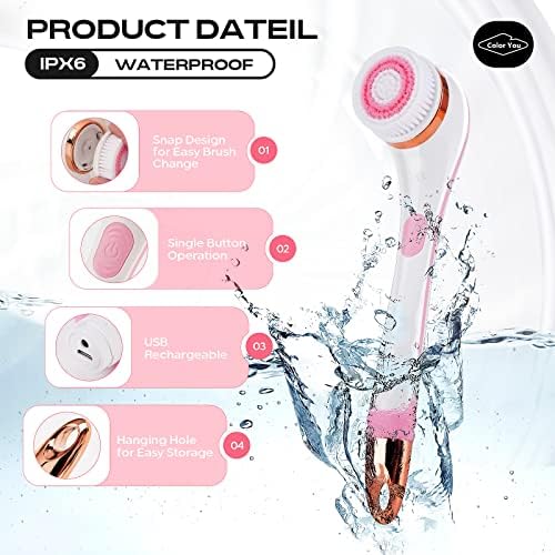 Color You Electric Body Brush for Exfoliating and Massage, Long Handle Electric Bath Brush Rechargeable Body Scrubber, Soft Silicone Spinning Skin Brush with 4 Spin Brush Heads for Man and Women