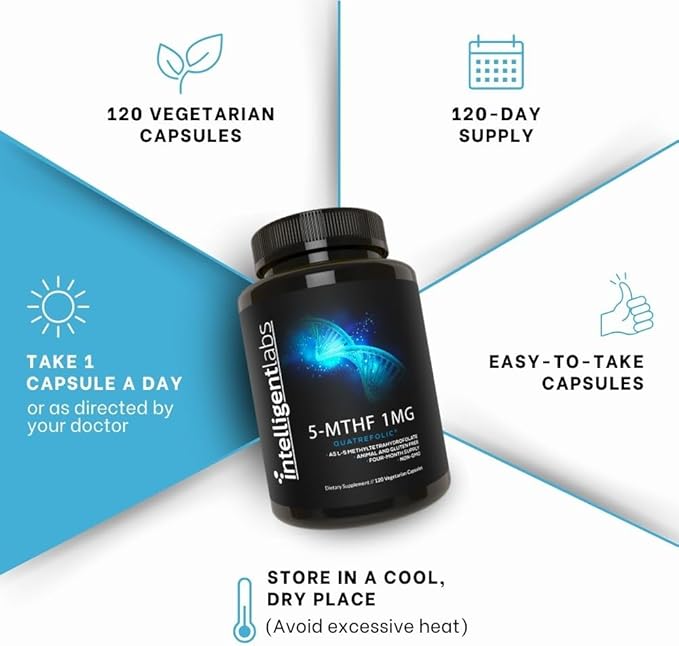 Intelligent Labs 1MG 5-MTHF Methylfolate, 120 Capsules, 120 Days Supply, Best Value Folic Acid Supplement as Quatrefolic, Activated Folate, 1MG = 1000mcg, 5 methyltetrahydrofolate