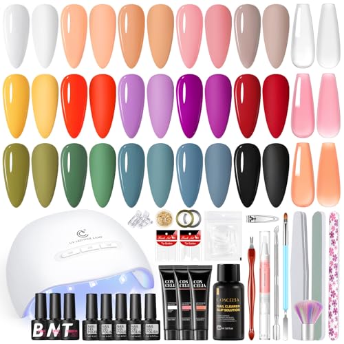 COSCELIA Gel Nail Polish Kit with U V Light, 15 Colors Nude Pink Yellow Orange Green Purple Gels Polish Set 3Pcs Poly Nail Gel Glossy/Matte Top Base Coat Manicure Tools for Women Home Salon DIY
