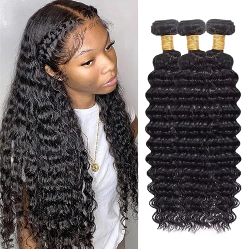 Human Hair Bundles Deep Wave 14 16 18 Inch Curly Bundle Human Hair 100% Unprocessed Brazilian Virgin Hair 3 Bundles for Women Wet and Wavy Hair Bundle Weave Extensions Natural Black