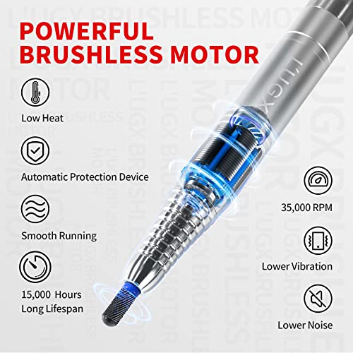 L'UGX Nail Drill 35000RPM Professional Brushless Electric Machine, Rechargeable Cordless Nail Efile for Acrylic Gel Nails, 8Pcs Nail Drill Bits, Low Noise Low Vibration