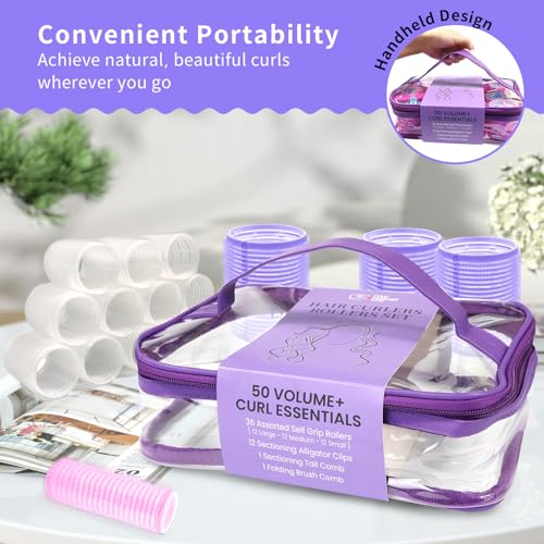 Hair Rollers Large Small 50PCS Set, 36PC Large Medium Small Hair Rollers for Volume Curlers with 12PC Clips 1 Tail Comb and 1 Folding Brush Comb for Short Medium Blowout Look Long Hair