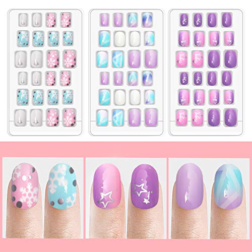 Laza 120pcs Children Nails Press On Pre-glue Full Cover Nail Tips Kit Glitter Gradient Color Rainbow Short Artificial False Nail Kits Lovely Christmas Gift for Children Kids Girls - Silver Pearl