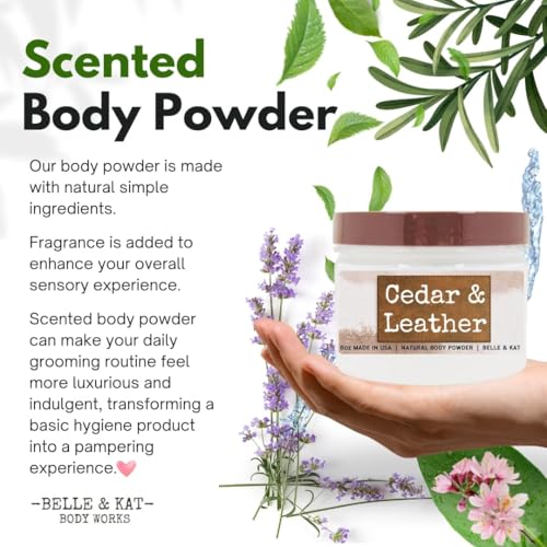Cedar Leather Scented Body Powder for Men & Women, Perfume Dusting Powder, Bath Powder with Fragrance & Essential Oils, Talc Free 8oz Container, Made in USA