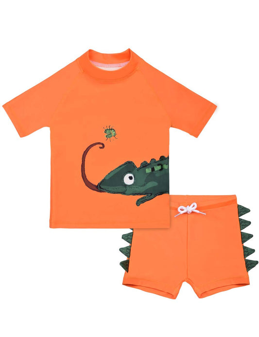 Cadocado Boys 2Pieces Swimsuit Rashguard lovely lizard Bathing Suit Swimwear Sets UPF 50+, Orange Lizard, 5-6Y