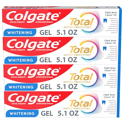 Colgate Total Whitening Toothpaste Gel, 10 Benefits, No Trade-Offs, Freshens Breath, Whitens Teeth and Provides Sensitivity Relief, Mint Flavor, 4 Pack, 5.1 Oz Tubes