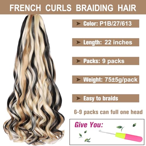 COOKOO 9 Packs French Curly Braiding Hair 22 Inch for Goddess Box Braids with Loose Wave Curly Ends Mix Black and Blonde Pre Stretched French Curls Synthetic Hair Extentions for Women P1B/27/613#