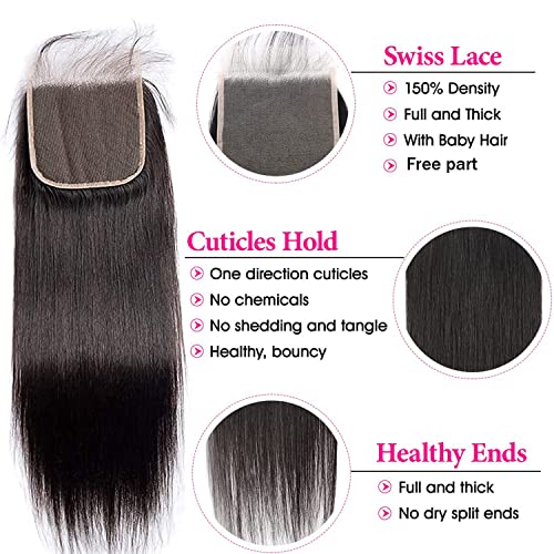 Hd Closure 5x5 Straight Closure 5x5 Transparent Lace Closure 12A Virgin Remy Human Hair Frontal Closure Pre Plucked With Baby Hair Natural Black Color(14inch)