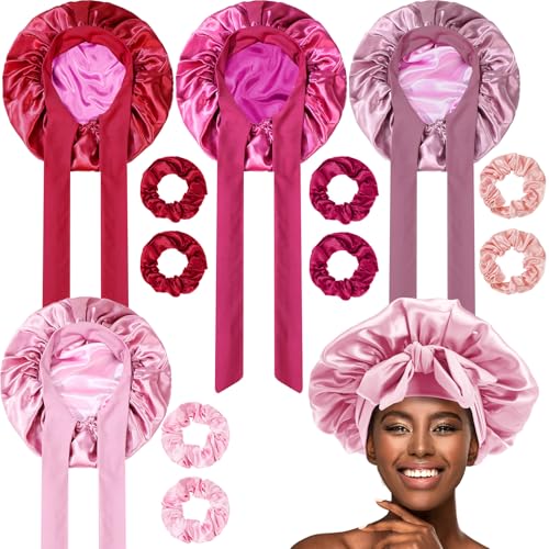 JaGely 4 Pcs Satin Bonnet for Sleeping Women Double Layer Tie Hair Bonnet Large 2 Layered Silk Sleeping Cap with 8 Pcs Hair Scrunchies(Pink Color)