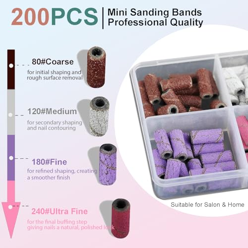 200Pcs Mini Nail Drill Bits Small Sanding Bands for Nail Drill with 3 mm Mandrel Bit, 80 120 180 240 Fine Grit Nail File for Acrylic Nails Gel Manicures and Pedicure (200pcs)