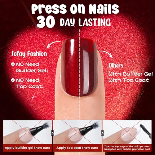 Cat Eye Press on Nails Red - 5 Styles Red Press on Nails Short Square, Soft Gel x Coat Nails False Nails, Bt Art Box Press On Nails in 16 Sizes -160 PCS Soft Gel Fake Nails Kit