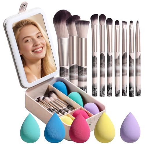BS-MALL large Led Makeup Mirror Case Travel Makeup Brushes Set 15 Pcs – LED Light Mirror with Makeup Sponge for Enhanced Beauty Routine Desk Stand Led Mirror