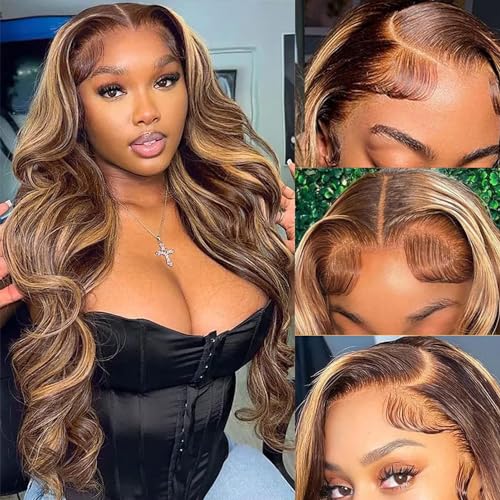 Highlight Ombre 13x6 Lace Front Wig Human Hair 28 Inch Body Wave Honey Blonde Glueless HD Transparent Lace Frontal Wigs for Women 180 Density Human Hair Pre Plucked with Baby Hair