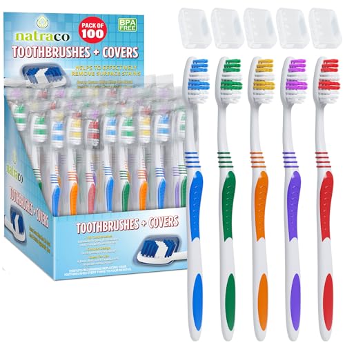 Bulk Toothbrush Pack with Covers | Premium Quality Individually Wrapped Colorful Tooth Brushes | Medium Soft Bristles for Travel, Donations, Hotels (100)