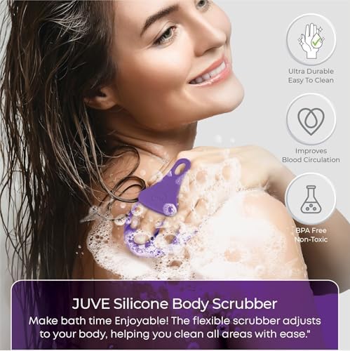 Juve Silicone Shower Scrubber- Body and Face Exfoliator for Women and Men- Exfoliating Bath Brush for Showering- Wash Away Excess Skin- Bathing Essentials Products and Accessories for Hygiene