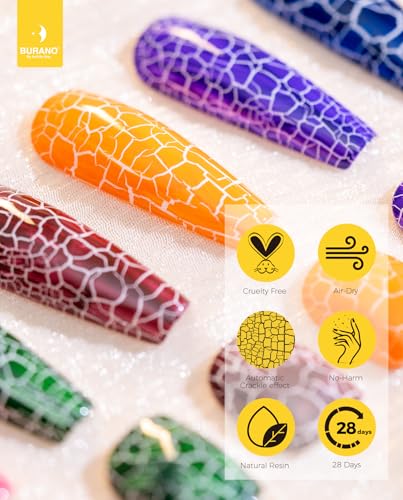 BURANO Crackle Gel Nail Polish Set - 7 Colors + White, Super Easy Cracked Nail Polish, Air Dry & UV Lamp Needed