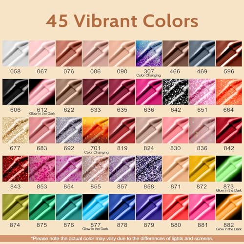 Lavender Violets 49 PCS Gel Nail Polish Set,45 Colors Summer Neon Glow in the Dark Effect with Nail Primer,Builder Base Coat,Glossy,Matte Top Coat Red Jelly Nude Glitter New Year Gifts for Women A950