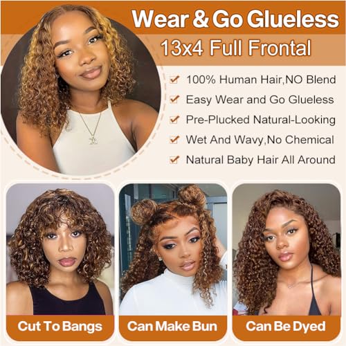 Curly Bob Wig Human Hair Deep Wave 13x4 HD Lace Front Wigs For Black Women Human Hair Pre Plucked Wear And Go Glueless Short Wet And Wavy Ombre Honey Blonde Highlight Color 4/27 14 Inch