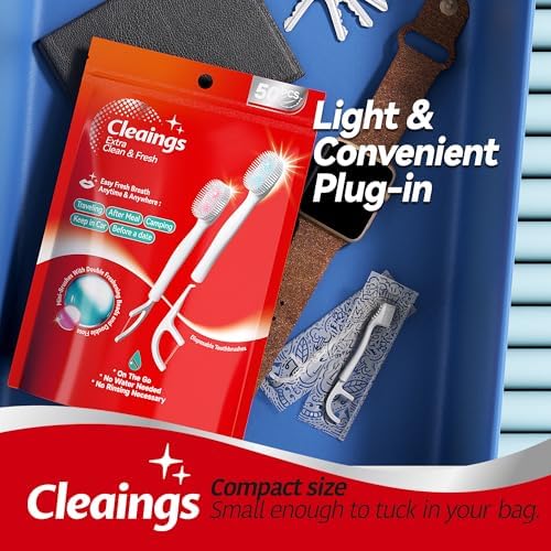 cleaings® Disposable Toothbrushes with Double Cleaning Beads Toothpaste and Clean Floss Picks for Work or Travel - 50 pcs-Mint Flavor（Pack of 1）