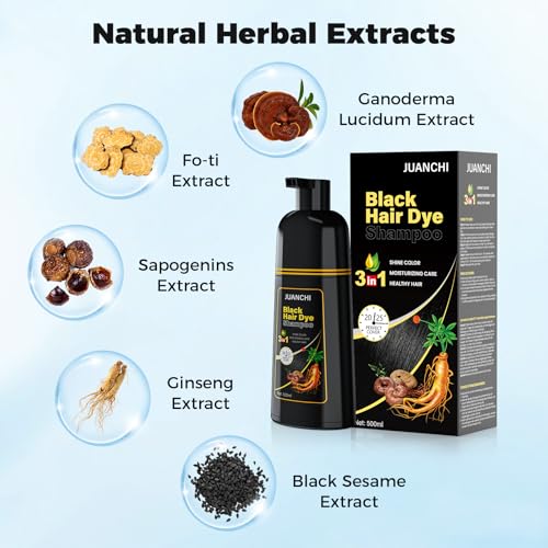 JUANCHI Black Hair Dye Shampoo 3 in1, Black Shampoo Hair Dye for Gray Coverage, Natural Hair Color for Women Men, Herbal Formula, Ammonia-free, Lasts 30 Days, 500ml (16.90 oz)