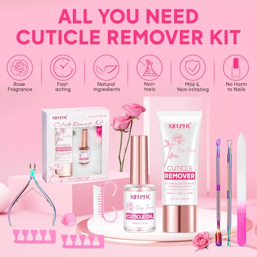 Cuticle Remover Kit - Cuticle Remover Cream & Cuticle Oil, Rose Flavor Cuticle Care Kit with Cuticle Trimmer Cuticle Pusher Cuticle Nipper for Manicure, Removedor de Cuticula for Nail Care