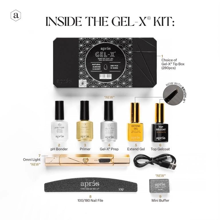Apres Gel-X Nail Professional Starter Kit, 14 Sizes 00-9 w/ Half Sizes Included, Soft Gel Nail Tips Extension Kit, 2025 Edition (Sculpted Almond Medium)