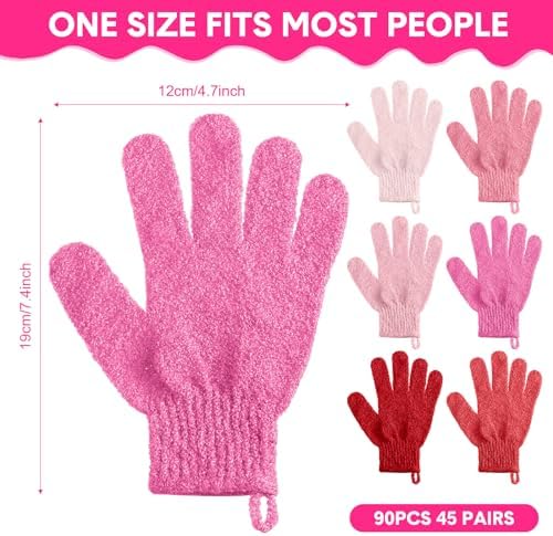 Cuffbow 90 Pcs Exfoliating Double Sided Bath Gloves with Hanging Loop Colorful Body Shower Gloves for Men Women Beauty Spa Massage Shower Clean Body Skin Bathing Scrubber Accessories (Pink Colors)