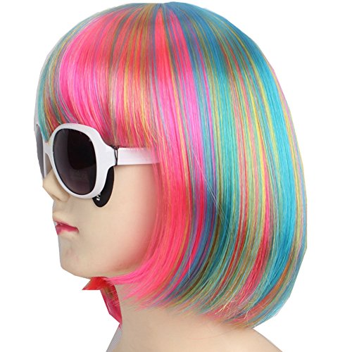 KOLIGHT Fashion Colorful Short Straight Halloween Wigs Women Girls Replacement Cosplay Costume Hair Wigs with Cap+Comb (Blue)