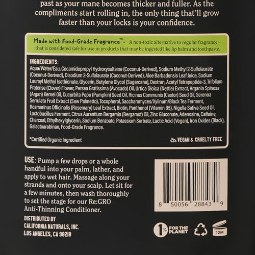California Naturals Mens Re:GRO Shampoo for Hair Growth Support, Hair Care & Scalp Care with Biotin, All Hair Types, Vegan, Natural, Cruelty Free, Silicone, Paraben & Sulfate Free, for Men, 16.5 oz