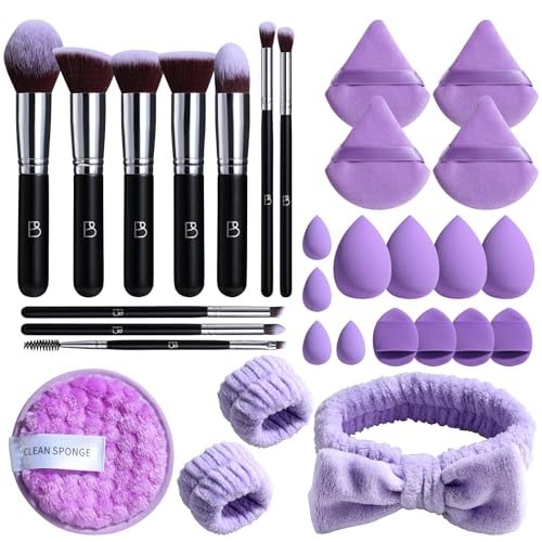 BS-MALL Makeup Brushes Set 30 Pcs – Including Face Washing Puffs, Blush Powder Bronzer Foundation Eyeshadow Concealer Brushes, and Mini Makeup Sponge Makeup Sponges Set (Black)