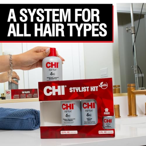 CHI Home Stylist Kit, 12 Oz Infra Shampoo, 12 Oz Treatment, 12 Oz Keratin Mist & 2 Oz Silk Infusion, Sulfate, Paraben, & Cruelty-Free, 4 Products